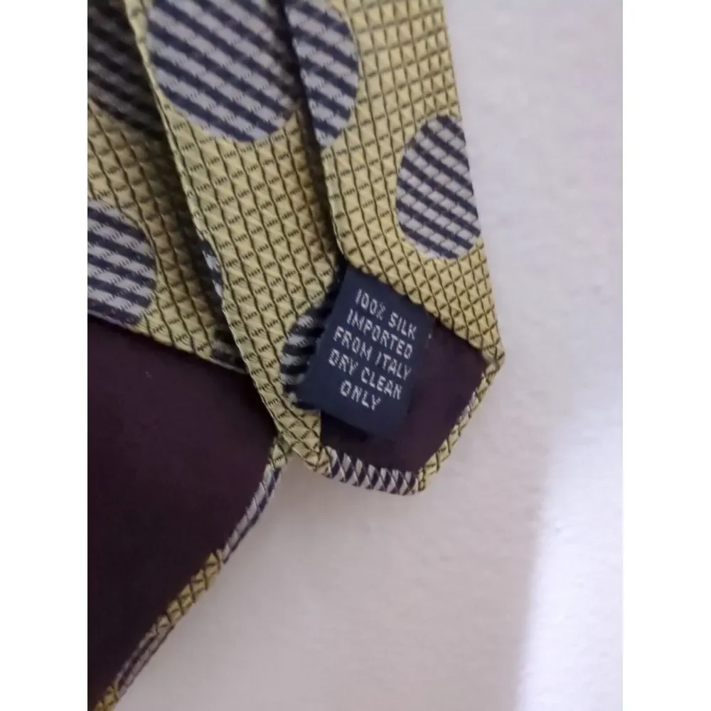 Bass Mens Gold‎ Silk Tie Geometric Striped Circle Pattern Italian Fabric Necktie - Picture 5 of 5